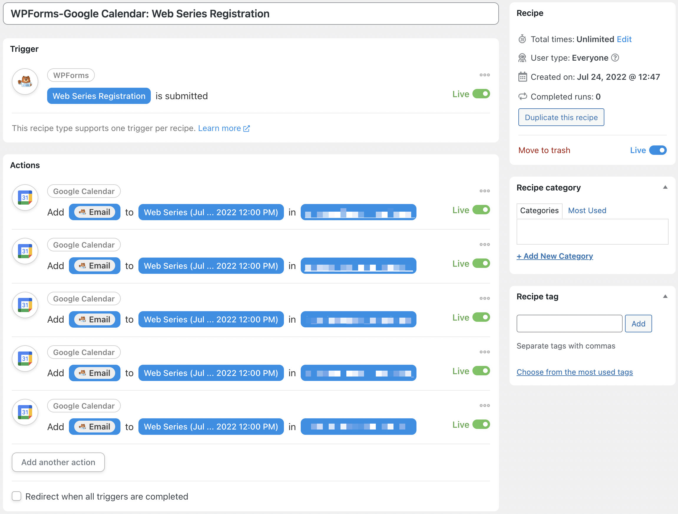 Automator WPForms Google Calendar Recipe Live