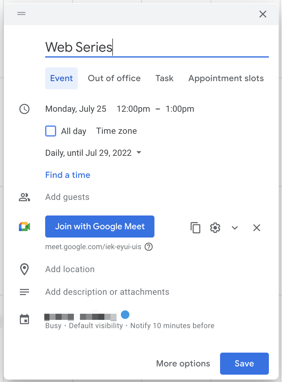 Google Calendar Event Window