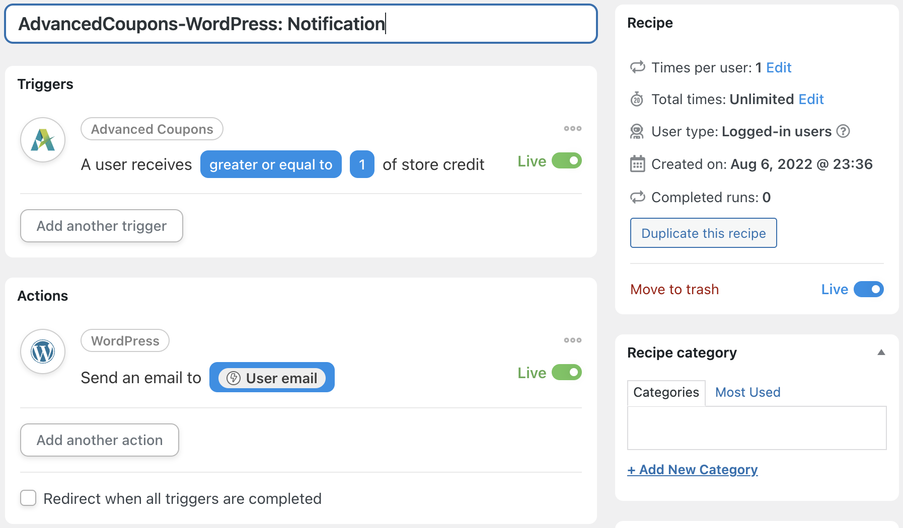 Automator Advanced Coupons WordPress Notification Recipe