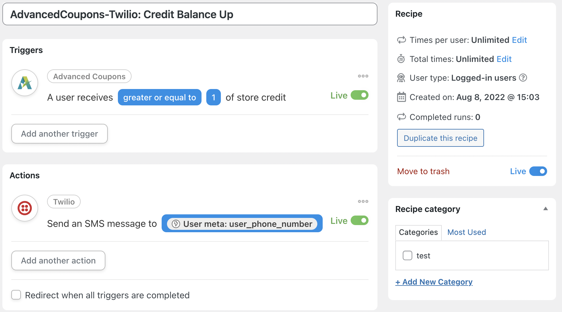 Automator Advanced Coupons Twilio Credit Balance Up Recipe