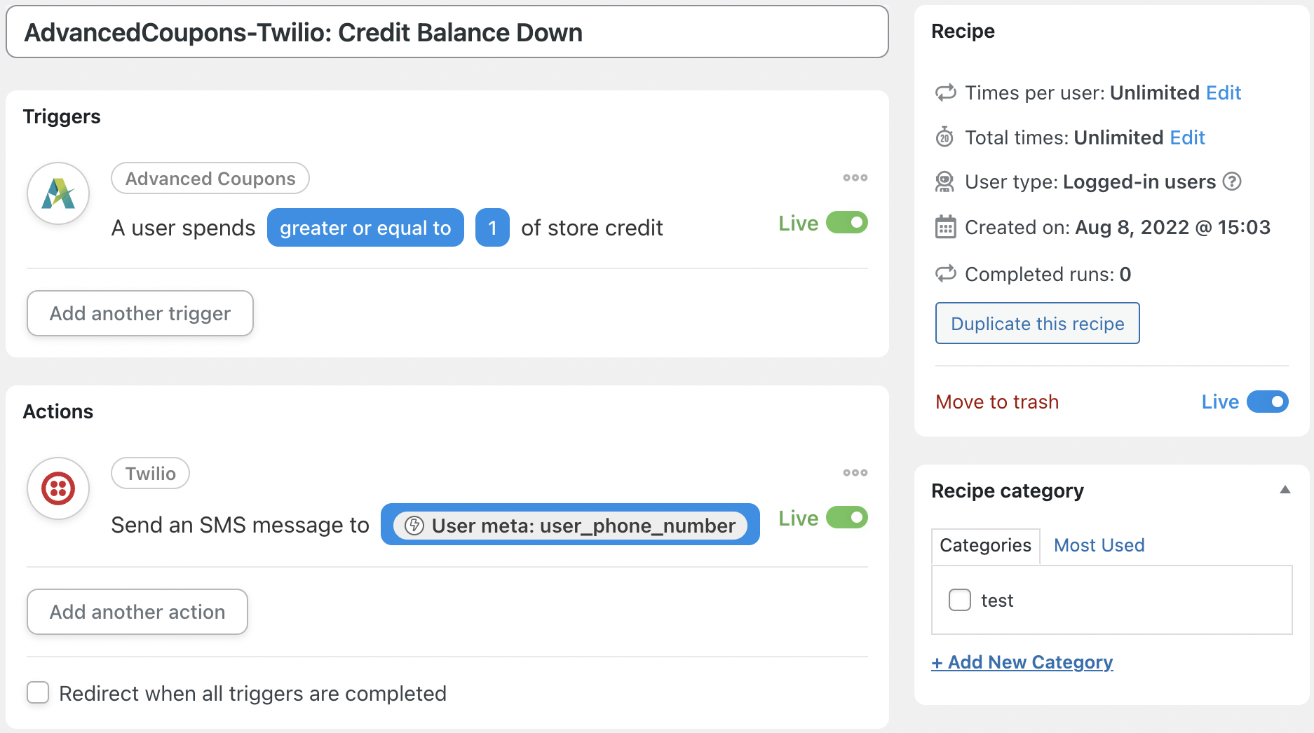 Automator Advanced Coupons Twilio Credit Balance Down Recipe