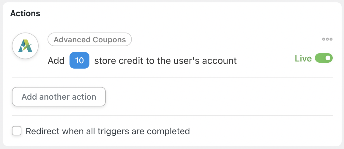 Automator Actions Advanced Coupons Add 10 store credit to the user's account