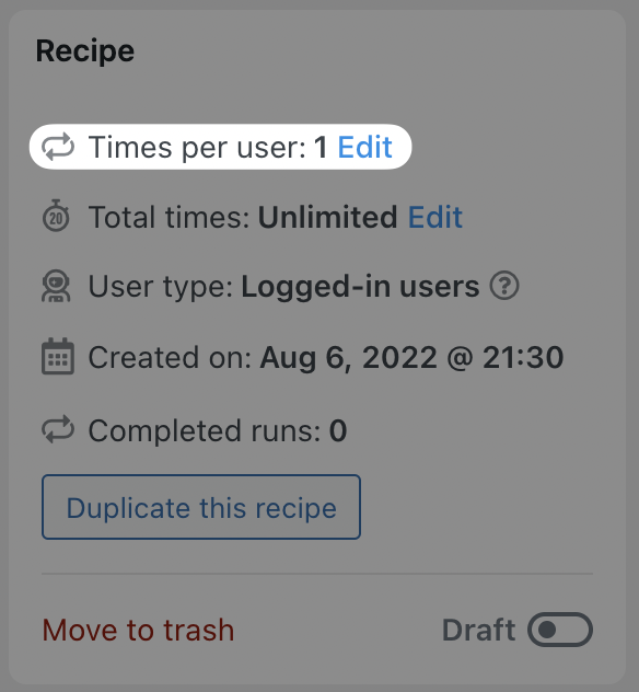 Automator Recipe Editor Times per user