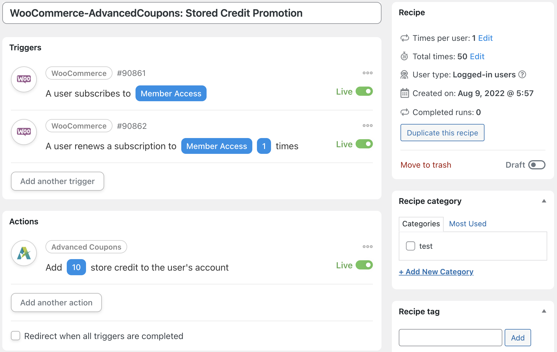Automator WooCommerce Advanced Coupons Store Credit Promotion Recipe