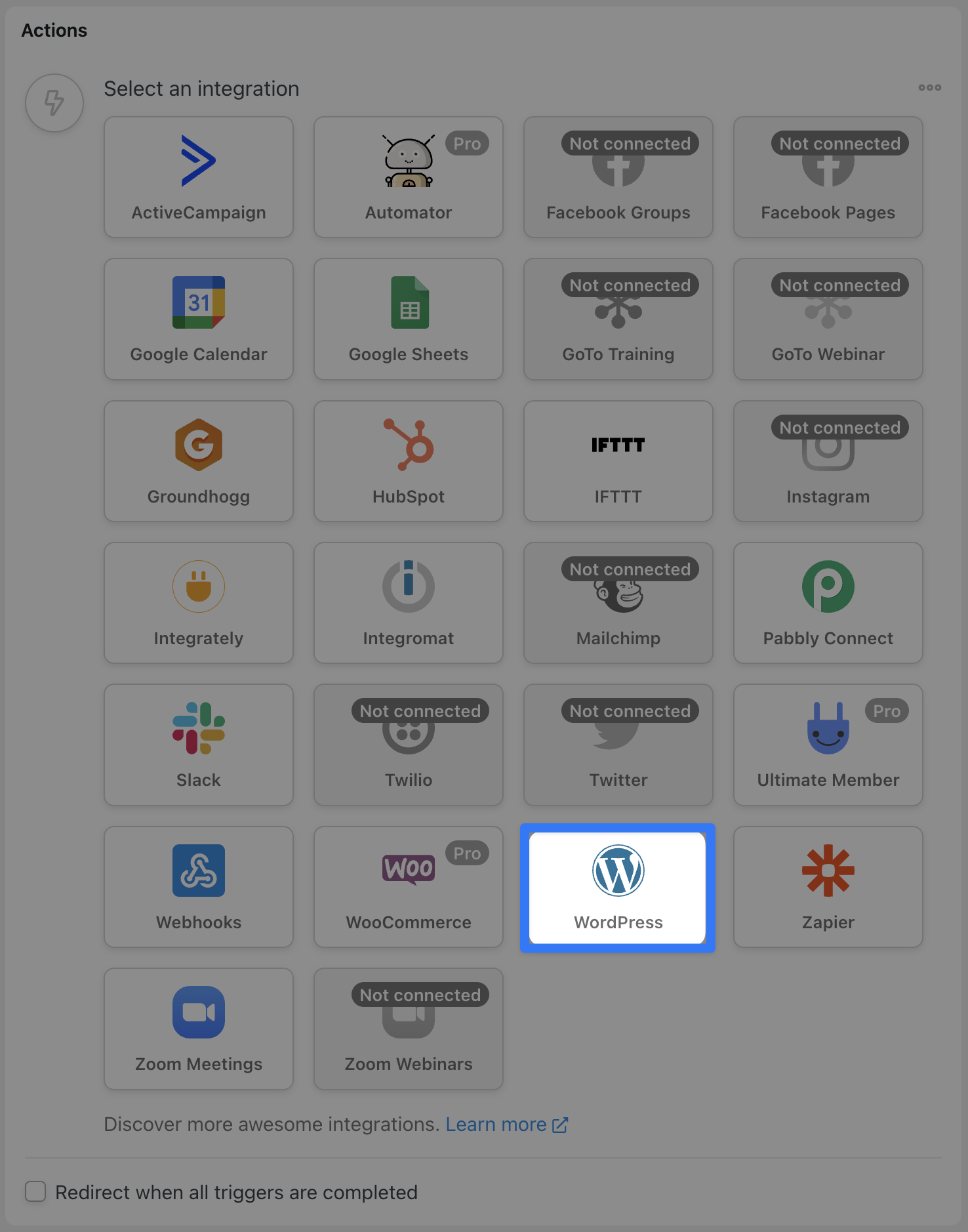 Automator Actions Menu WordPress