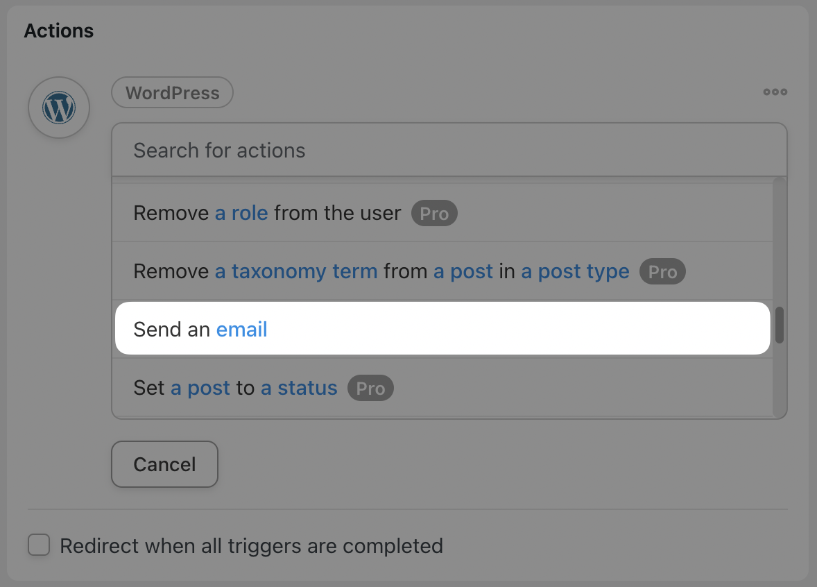 Automator Actions WordPress Drop-Down List