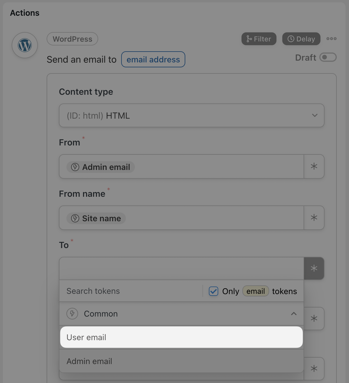 Automator Action WordPress Email Editor