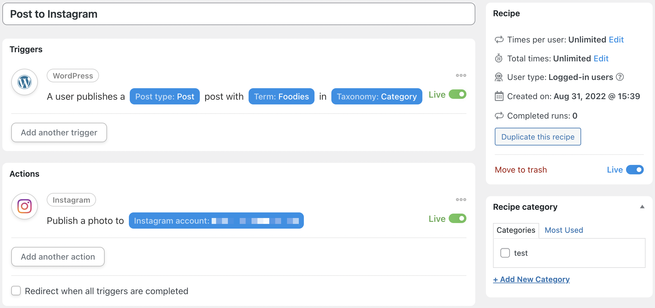 Automator Instagram Post Recipes to Instagram