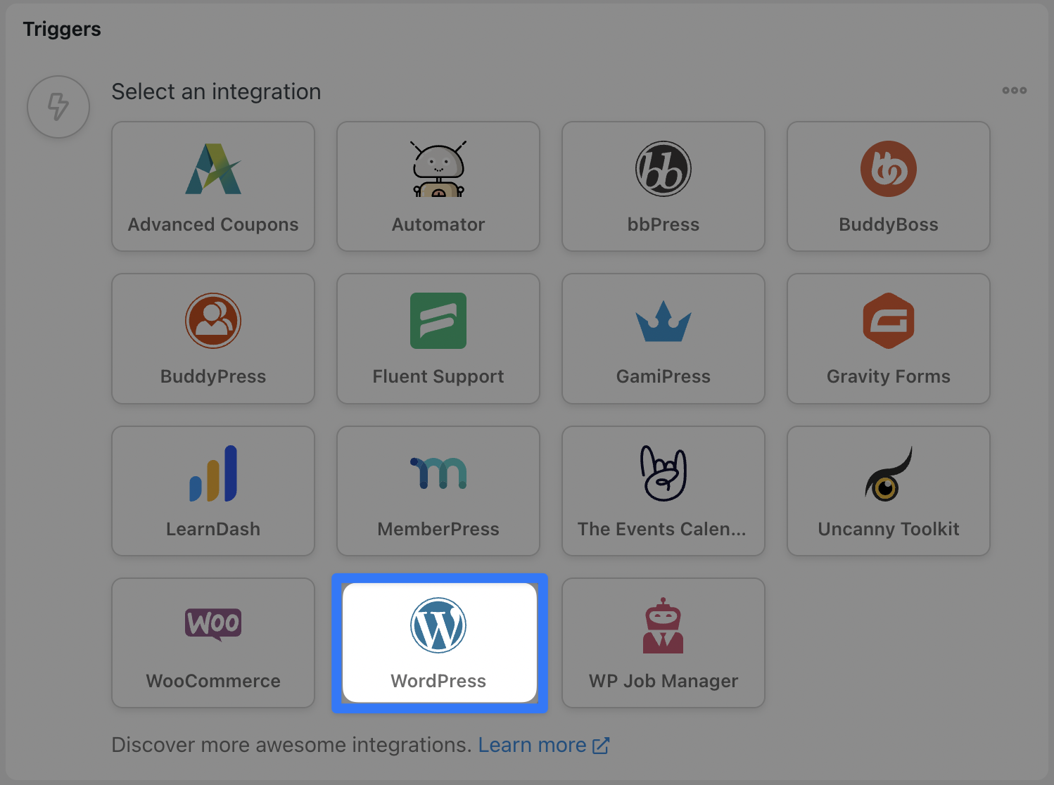 Automator Triggers Menu WordPress