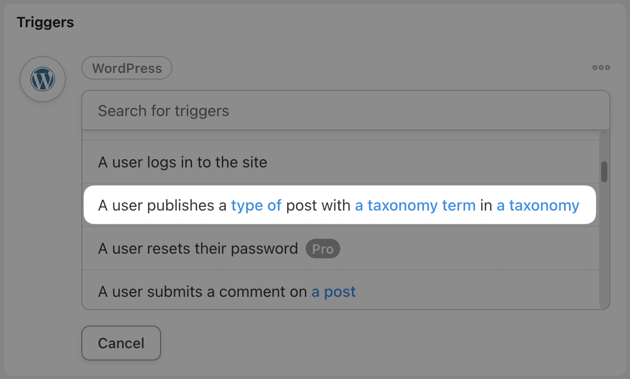 Automator Trigger WordPress Drop-Down List