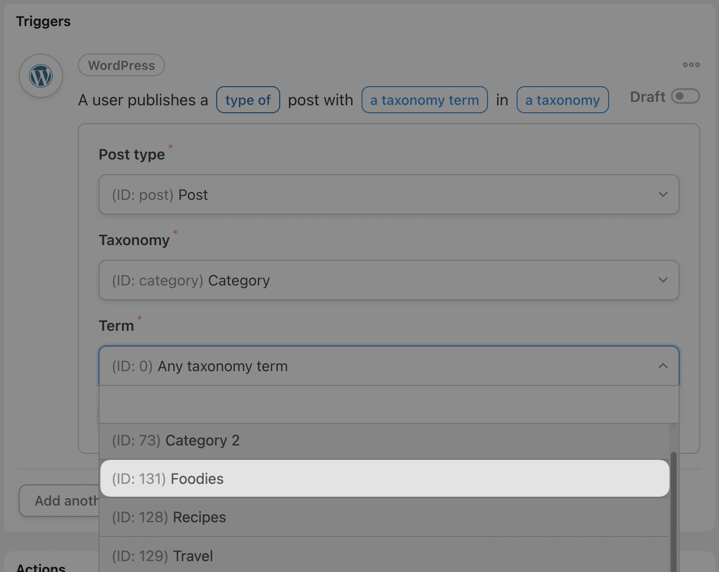 Automator Trigger Taxonomy term Field