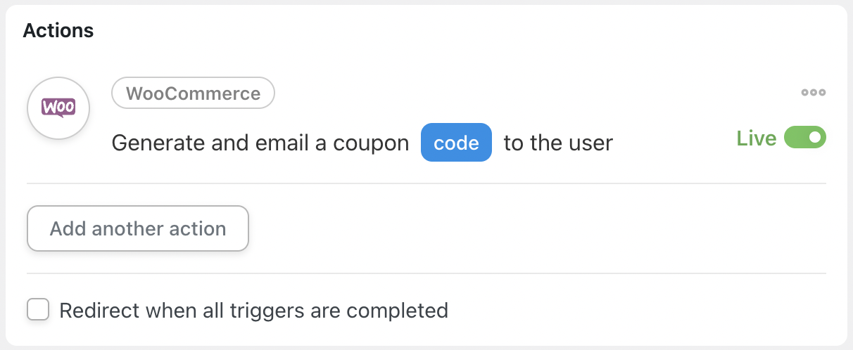 Automator Action WooCommerce Generate and email a coupon code to the user