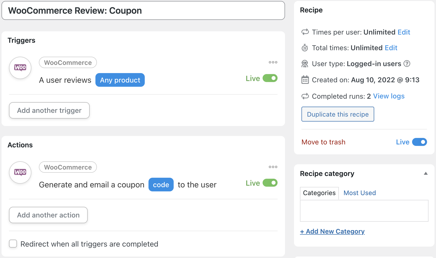 Automator WooCommerce Review Coupon Recipe
