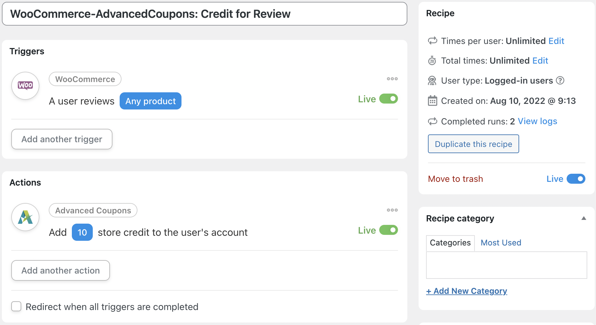 Automator WooCommerce Advanced Coupons Credit for Review Recipe