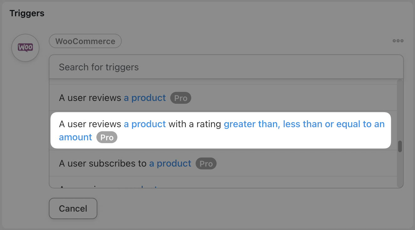 Automator Trigger WooCommerce A user reviews a product with a rating greater than...
