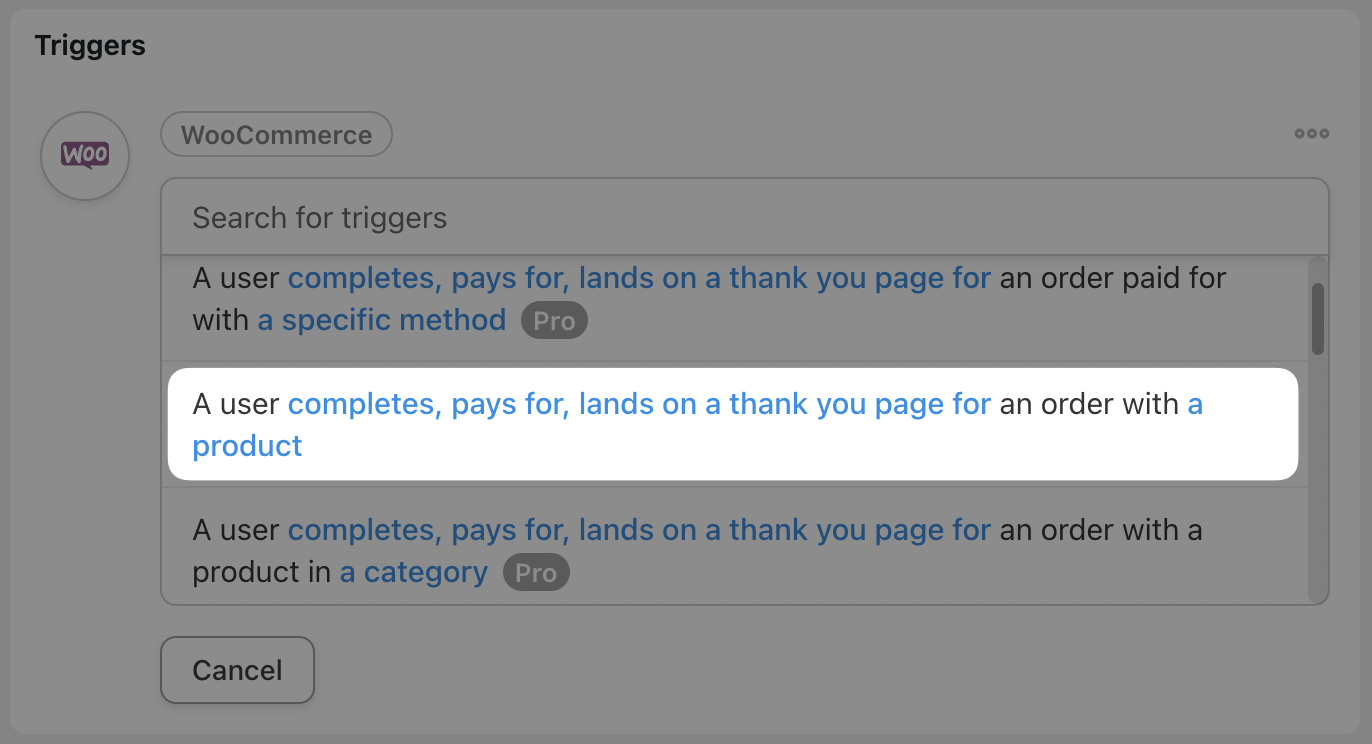 Automator WooCommerce Trigger Drop-Down List