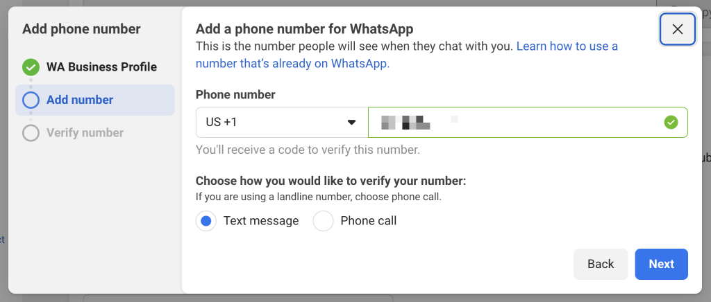 Form to add a phone number for WhatsApp business account, showing country code, phone number, and verification method options including ‘Text message” and “Phone call”.