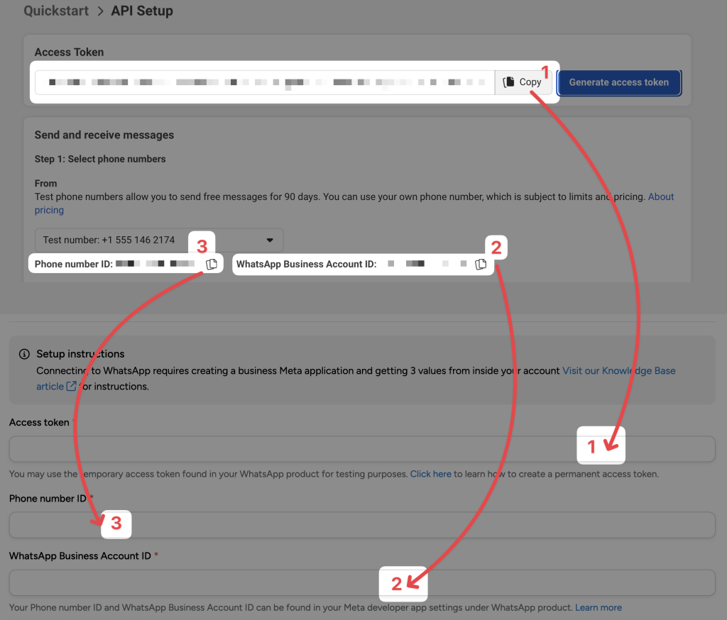 Quickstart screen for API setup above Automator WhatsApp settings fields, showing copy and paste instructions for placing access token, phone number ID, and WhatsApp Business Account ID.