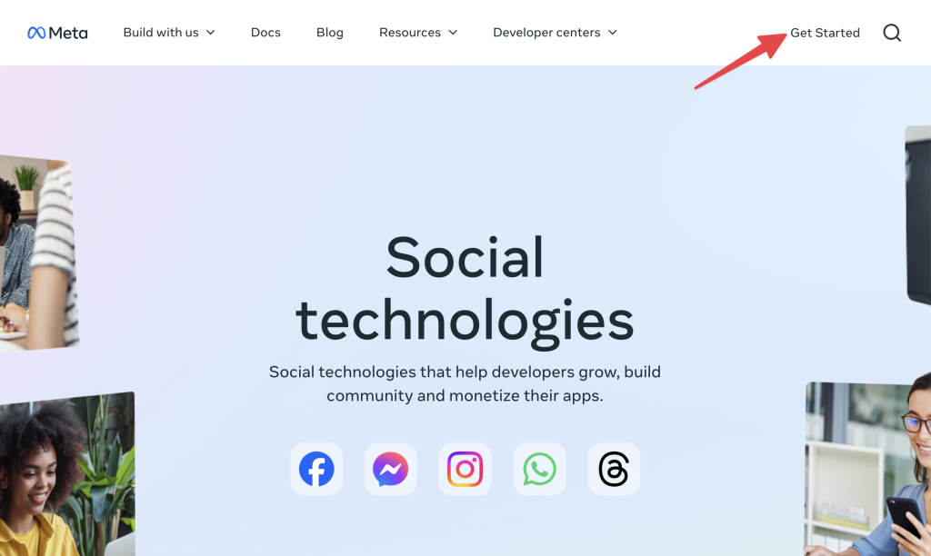 Meta for Developers homepage with icons for Facebook, Instagram, WhatsApp, and a red arrow pointing to the “Get Started” button.