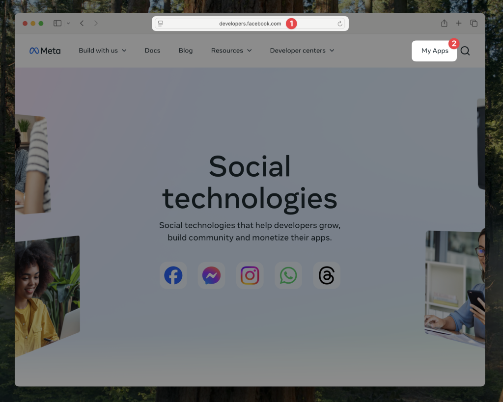 Meta for Developers homepage with a red label over the browser address bar showing "developers.facebook.com" and another over the "My Apps" button.