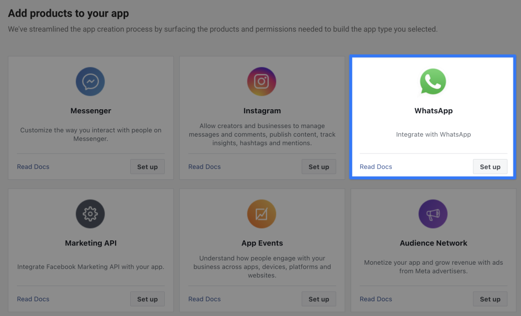 Meta dashboard showing app product options with WhatsApp integration highlighted.