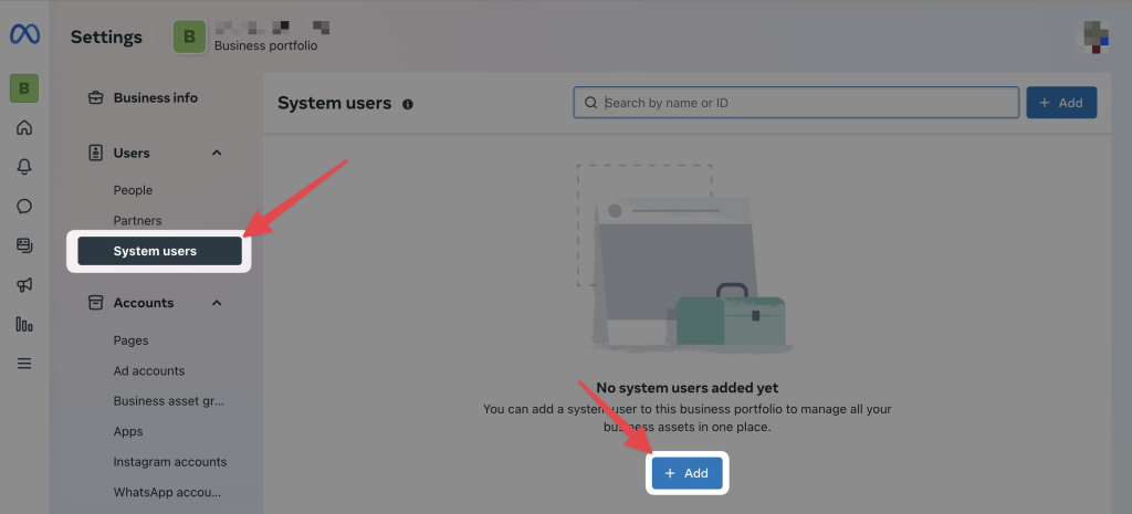 Meta Business Settings interface showing how to add a new system user by selecting “System users” from the sidebar and clicking the blue “+ Add” button.
