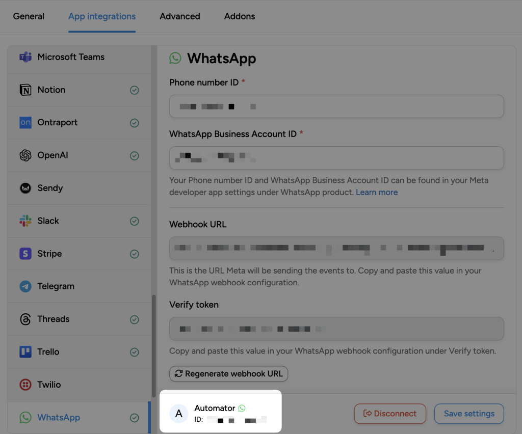 WhatsApp integration settings showing fields for phone number ID, business account ID, webhook URL, and verification token, with the Automator account successfully connected.