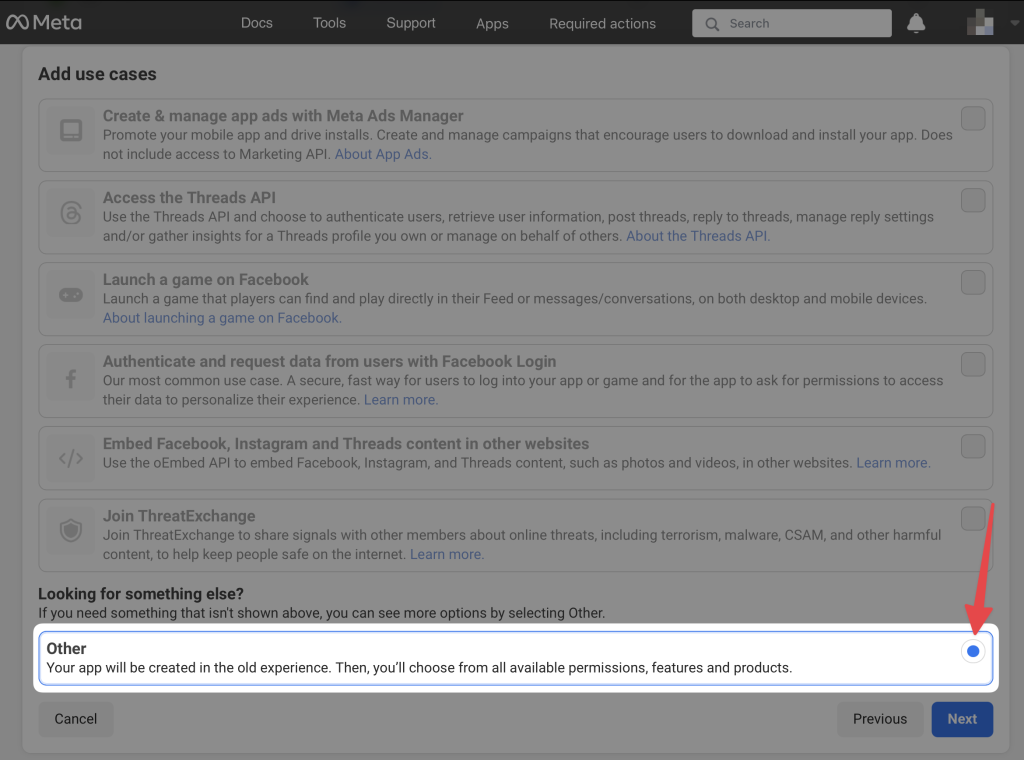 Meta developer dashboard showing the "Add use cases" step of app creation, with the "Other" option selected at the bottom. A note indicates this option uses the old experience and allows choosing from all available permissions, features, and products.