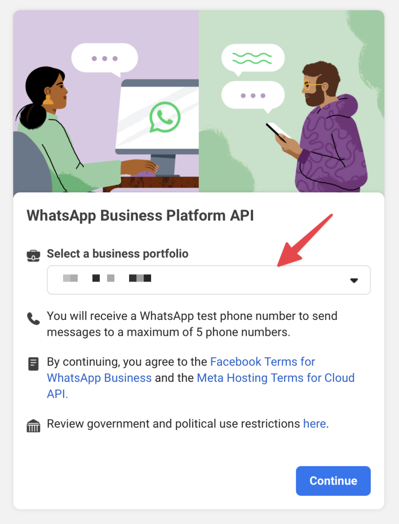 WhatsApp Business Platform API setup screen prompting the user to select a business portfolio and agree to Meta’s terms before continuing.