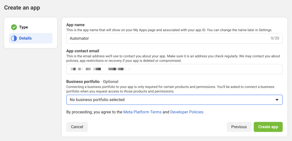 Meta developer dashboard showing the final step of app creation. The app name is set to "Automator," an email contact is provided, and the optional business portfolio dropdown is left unselected.