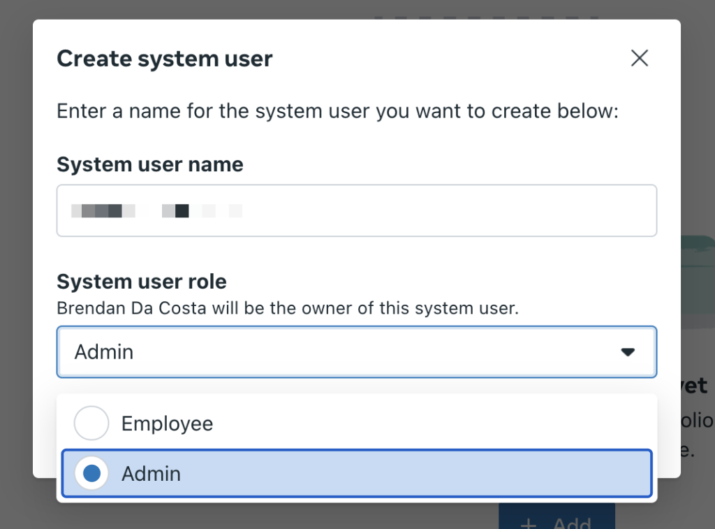 Meta interface for creating a system user, showing input fields for the system user name and role selection.