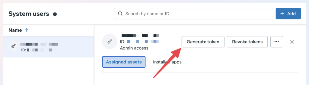 Meta Business Settings interface showing a system user with admin access selected. A red arrow points to the “Generate token” button, which is used to create an access token for the selected system user.