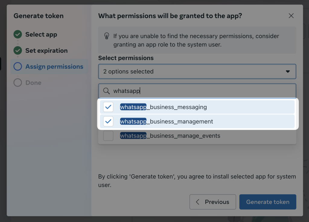 Meta Developer portal showing the "Generate token" step. The user has selected permissions whatsapp_business_messaging and whatsapp_business_management to grant the app access for managing and sending WhatsApp messages.