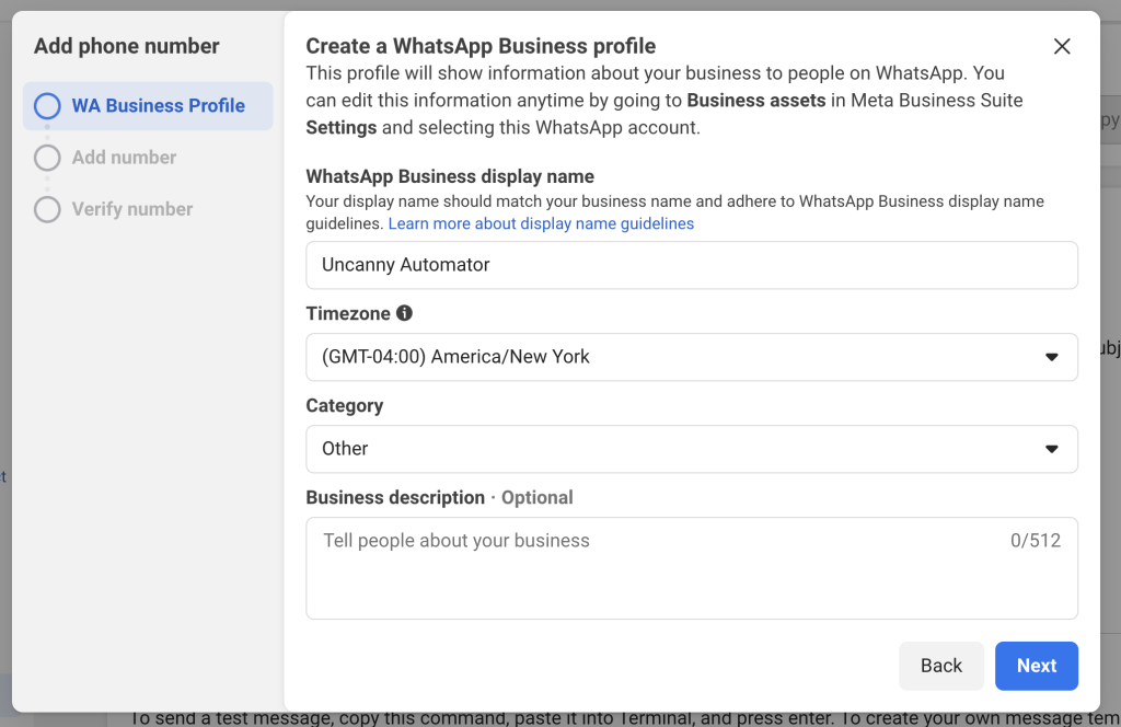Form to create a WhatsApp Business profile showing fields for display name, timezone, category, and an optional business description. The "Next" button is highlighted.