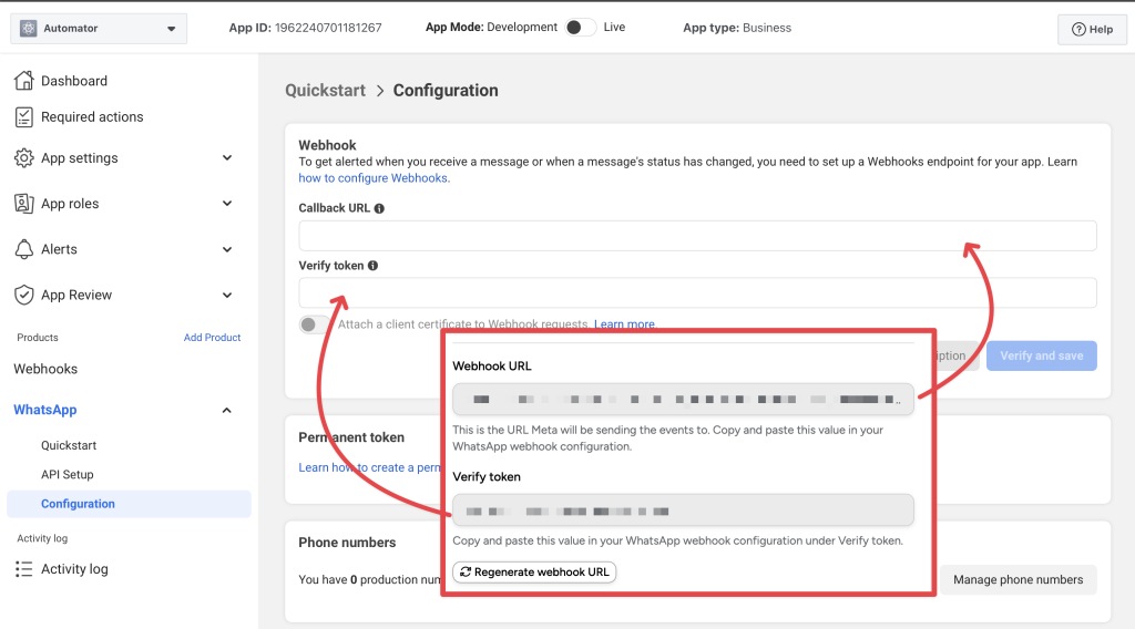 WhatsApp webhook configuration screen in Meta's developer dashboard, showing where to paste the Automator webhook URL and verify token for API integration.