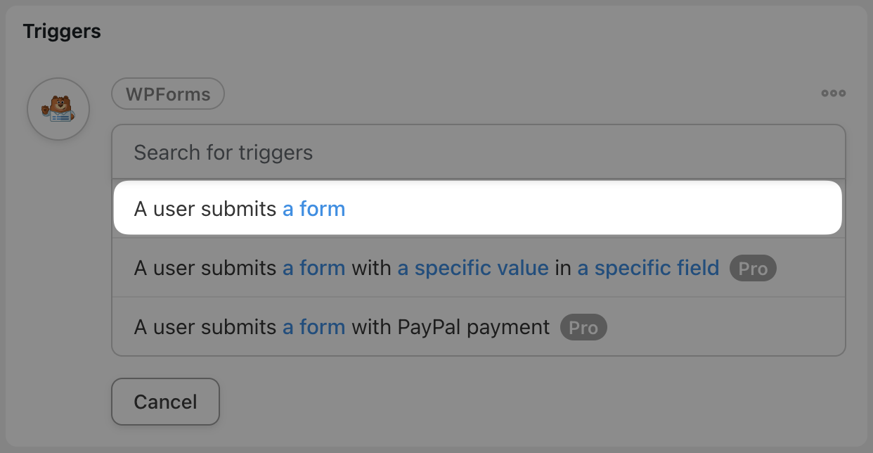Automator Triggers WPForms A user submits a form