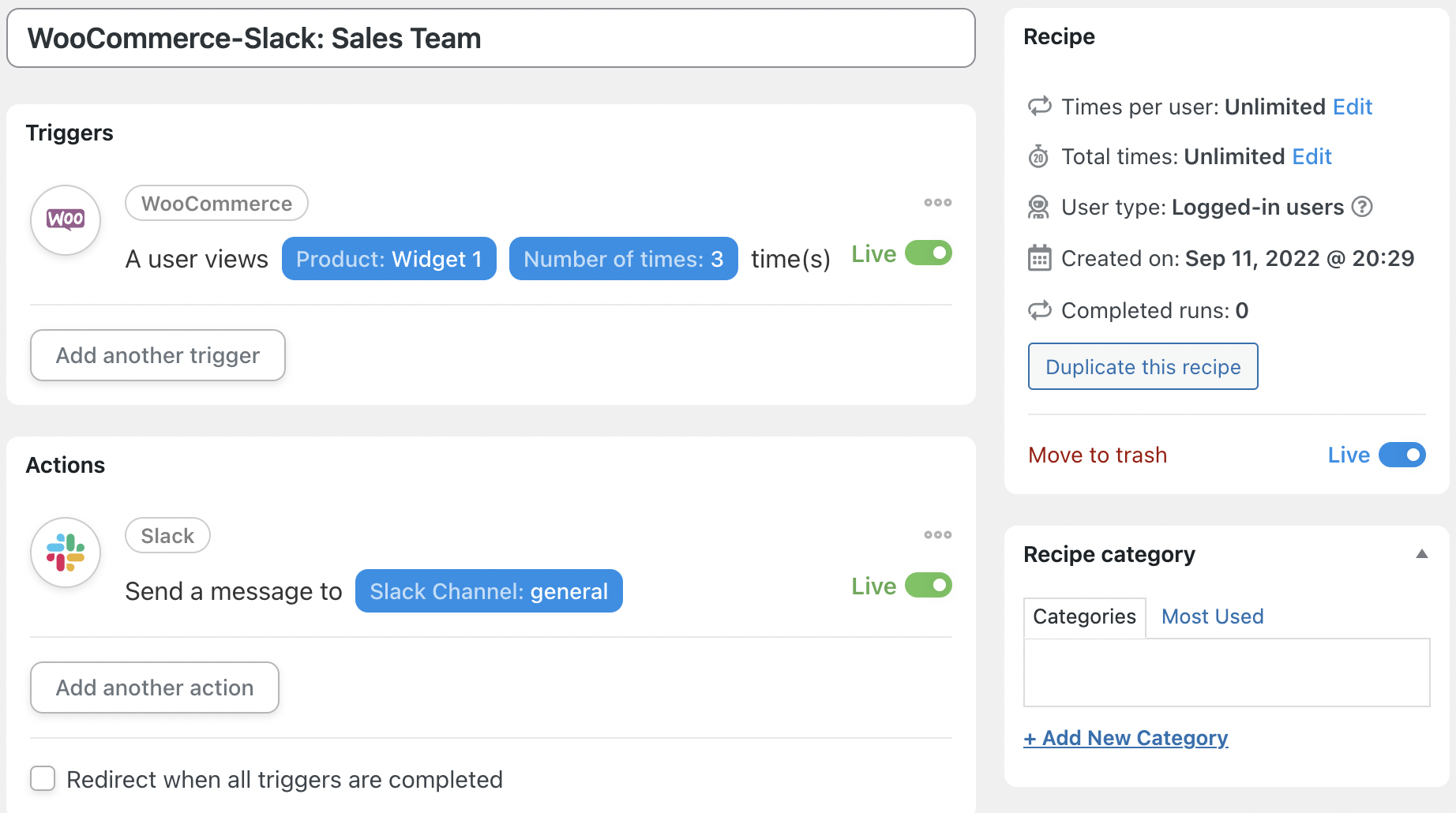 Automator WooCommerce Slack Recipe Live
