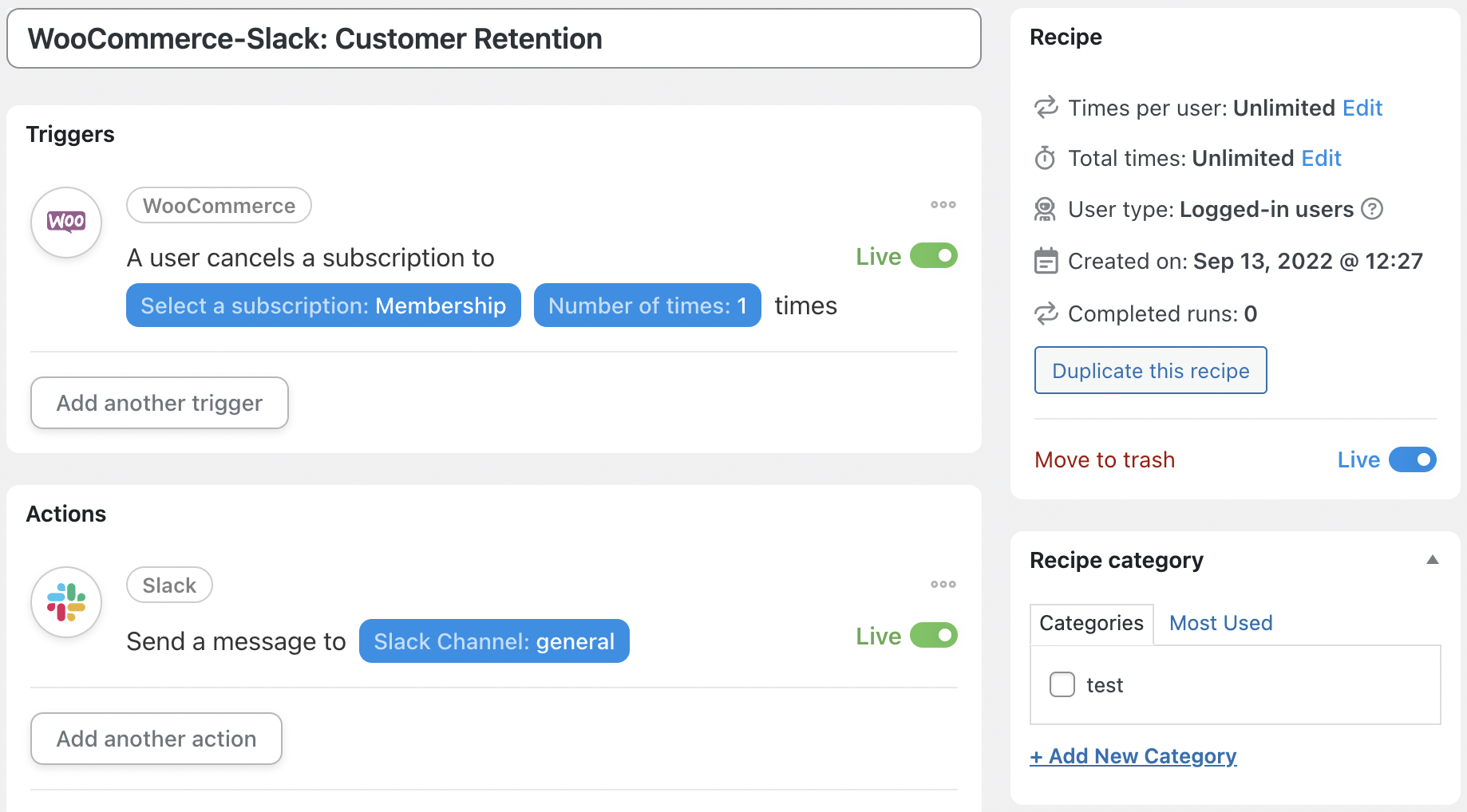 Automator WooCommerce Slack Customer Retention Recipe