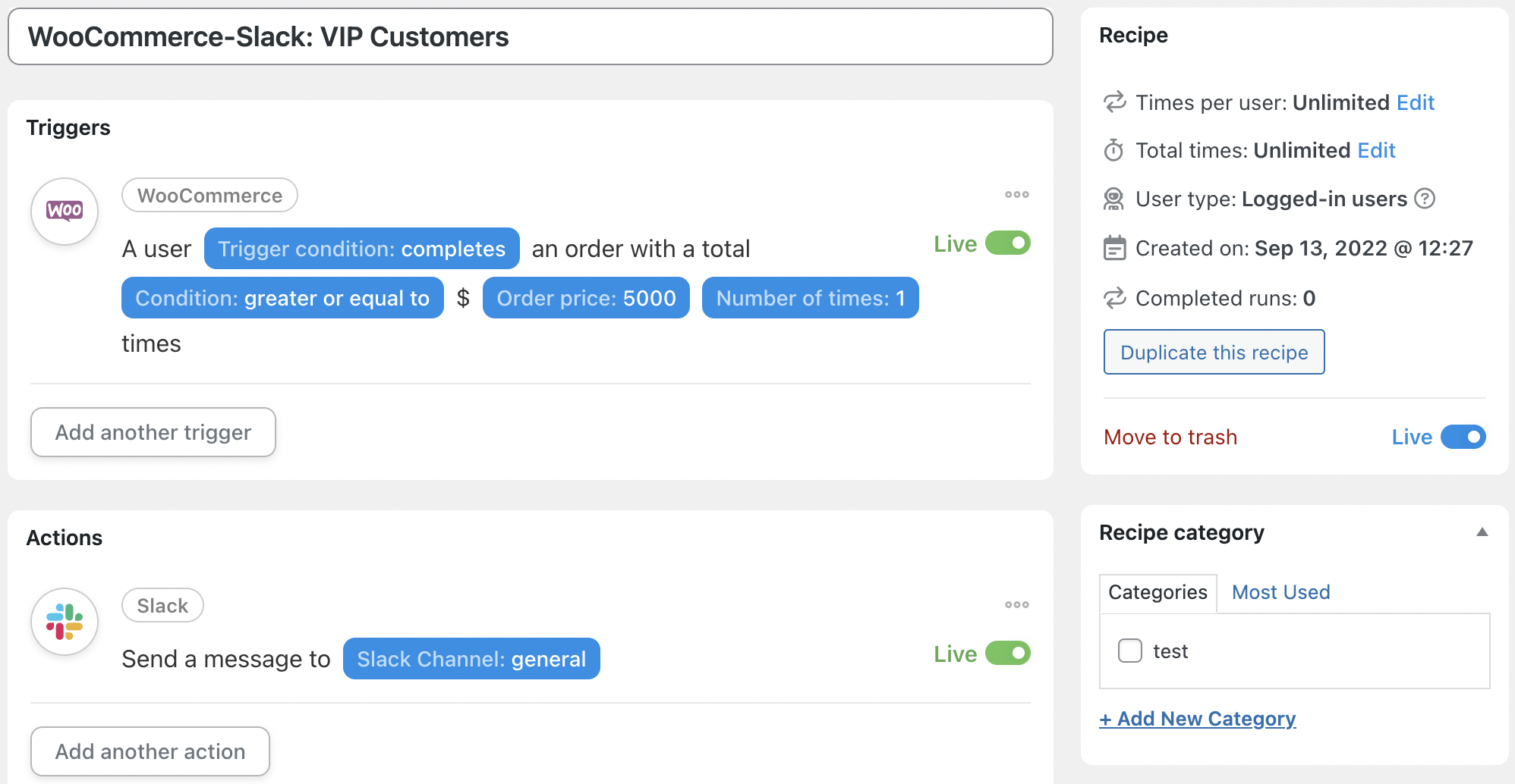 Automator WooCommerce Slack Recipe for VIP Customers