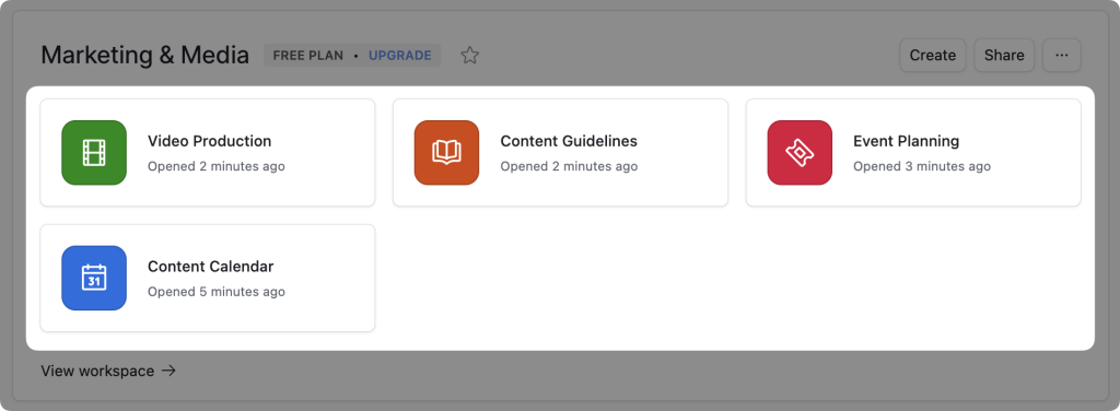A grid of “Marketing & Media” apps in Airtable. The apps include, “Video Production”, “Content Guidelines”, and others.