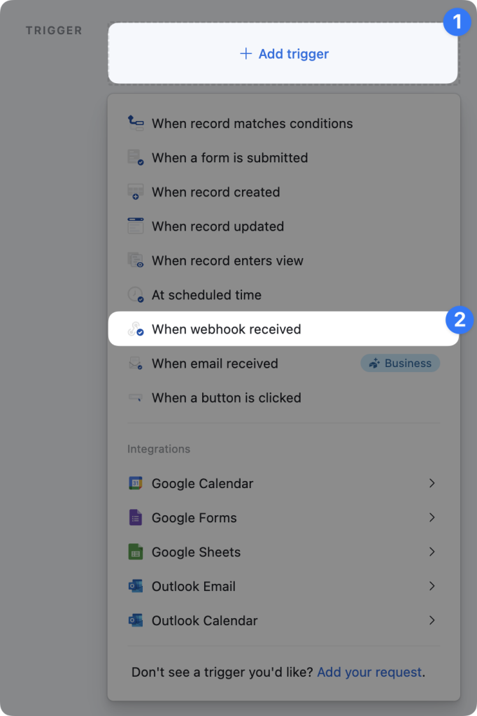 Airtable automations trigger dropdown list. The user has highlighted the trigger “When webhook received”.