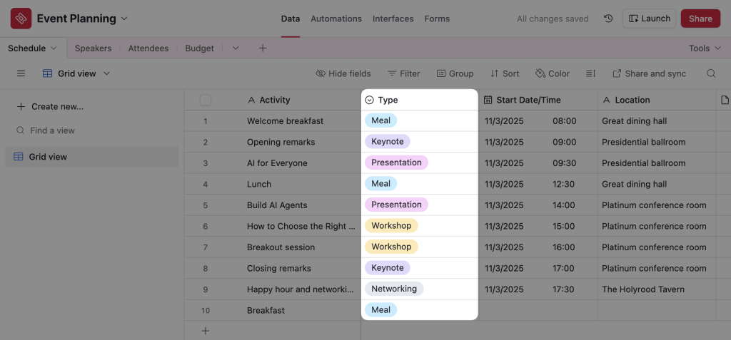 An Airtable database titled “Event Planning”. The user has highlighted a column/field titled “Type”.