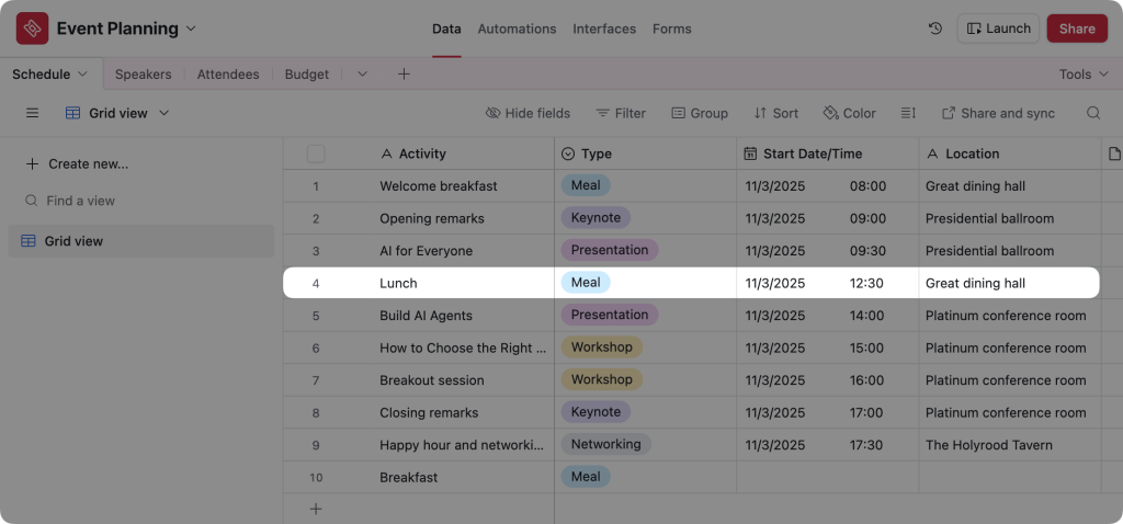 An Airtable database titled “Event Planning”. The user has highlighted a row/record for an activity labelled “Lunch”.