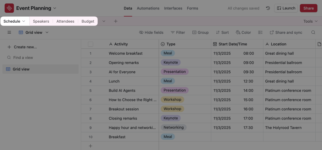 An Airtable database titled “Event Planning”. The user has highlighted the tabs for the tables within the database, such as “Schedule” and “Speakers”.
