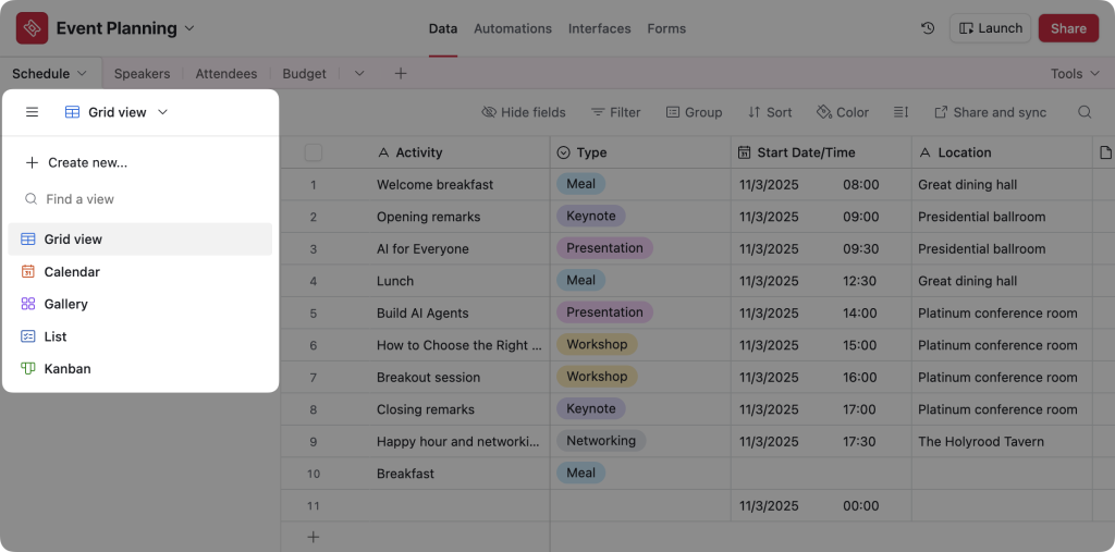 An Airtable database titled “Event Planning”. The user has highlighted different view options such as “Calendar”, “Gallery”, and “List”.