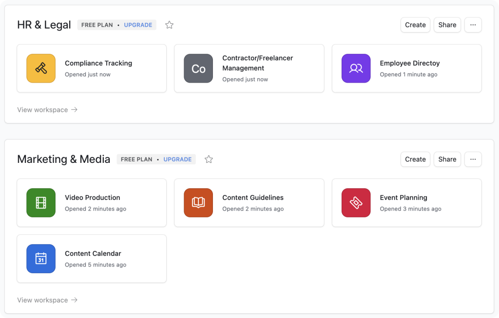 A grid of Airtable workspaces, organized into two panels; “HR & Legal” and “Marketing & Media”.