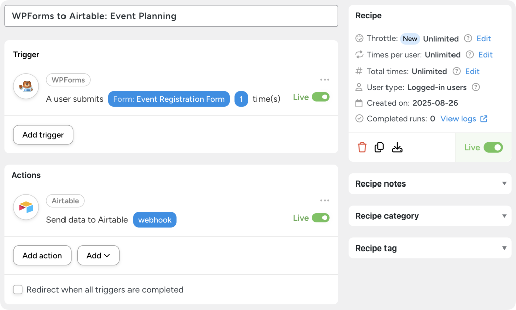 Uncanny Automator recipe that connects a WordPress website to Airtable. The recipe "WPForms to Airtable: Event Planning" has a WPForms trigger for "Event Registration Form" submissions and an Airtable action to "Send data to Airtable" via webhook.