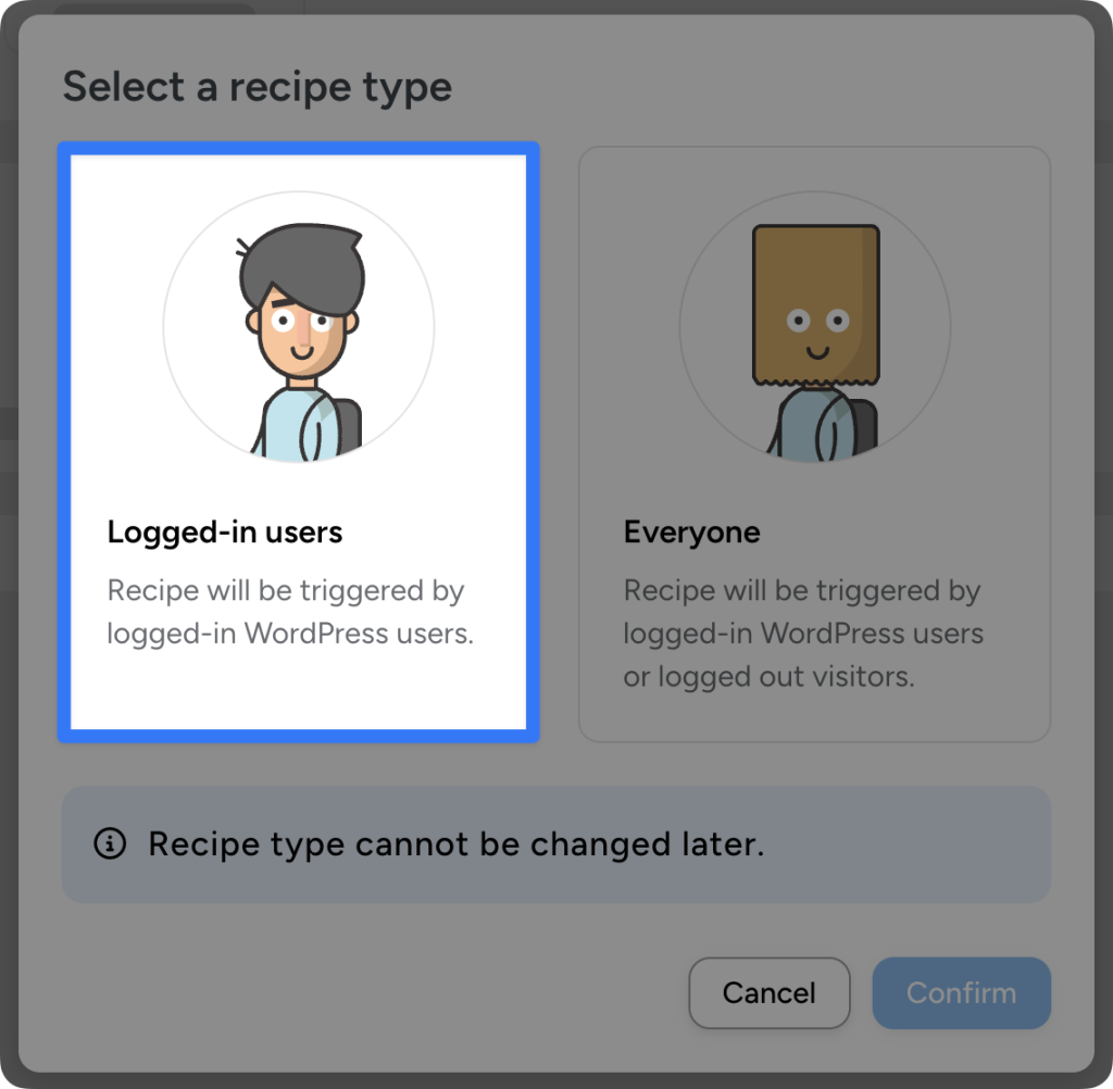 Automator modal titled 'Select a recipe type' with two options: 'Logged-in users' (selected, with blue border) which will be triggered by logged-in WordPress users, and 'Everyone' which will be triggered by logged-in WordPress users or logged out visitors. Warning states 'Recipe type cannot be changed later.' Cancel and Confirm buttons at bottom.