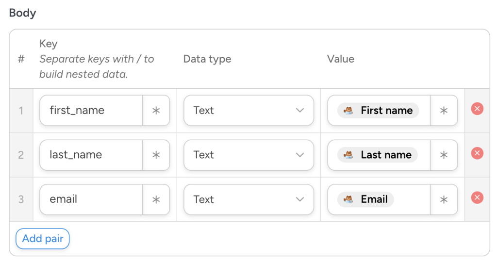 Automator webhook configuration form for the Airtable integration. The user has entered the keys “first_name”, “last_name”, and “email” in the “Key” column. The user has selected corresponding tokens in the “Value” column.