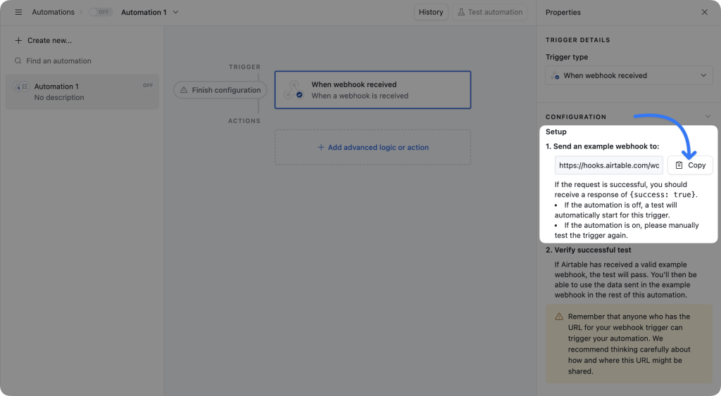 Airtable automation screen. The user has highlighted the “Configuration” panel on the right-hand side with the arrow pointing to a “Copy” button.